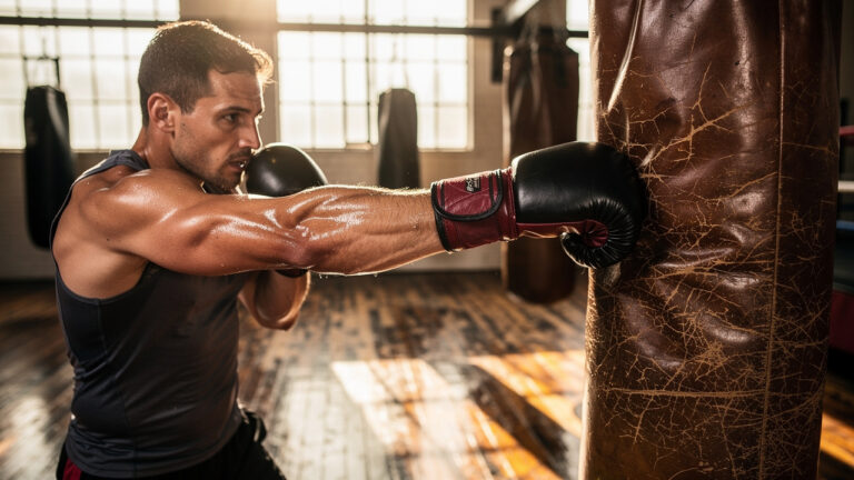 An athlete lands a punch on a seasoned leather bag in a sunlit Dubai boxing gym, with polished floors and pro bags behind.