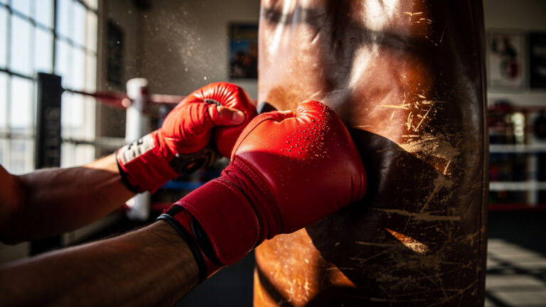 Intense close-up of a boxer in red gloves striking a brown punchbag at our Dubai gym, dust erupting with each powerful punch.
