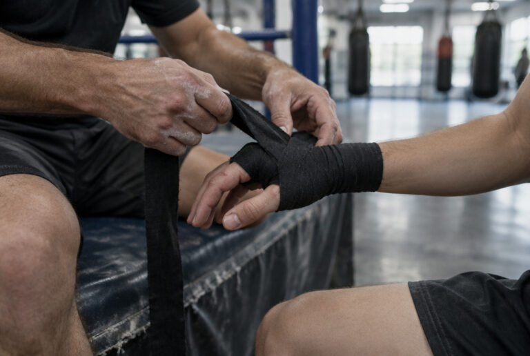 A fighter preparing for the session, securing black hand wraps in the gymnasium.