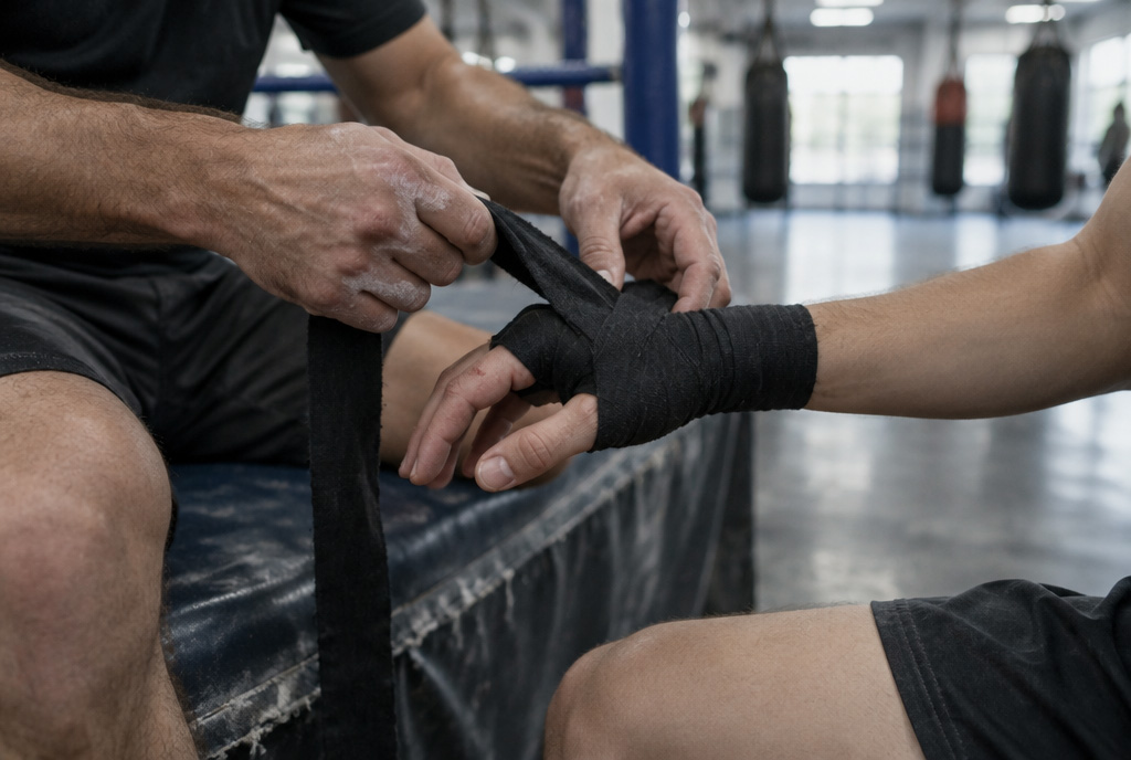 A fighter preparing for the session, securing black hand wraps in the gymnasium.